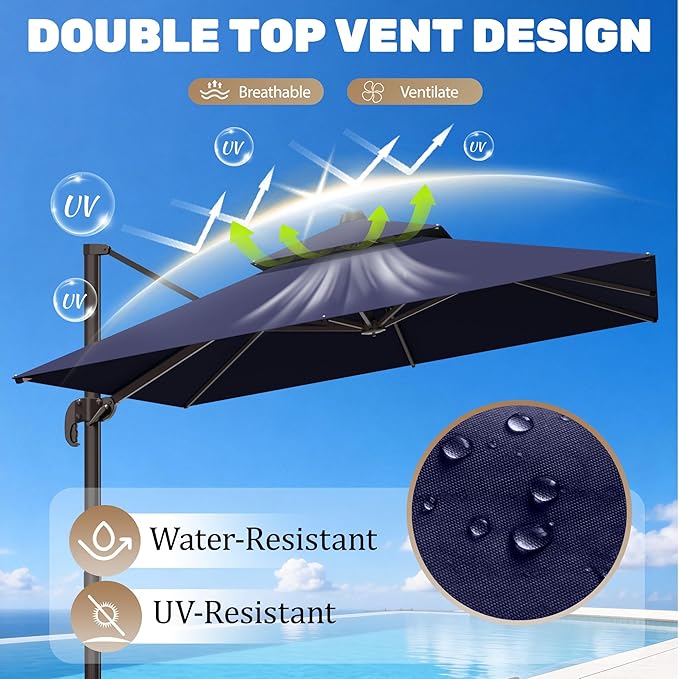 10x10Ft Patio Umbrella Outdoor Cantilever Rectangle Umbrella, 6-Level Tilt & 360° Rotation Offset Umbrella for Garden, Deck, Pool(Navy Blue)