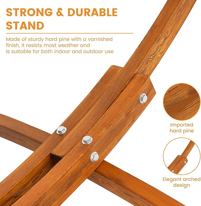 Lazy Daze Hammocks Cotton Fabric Spreader Bar Hammock and 10.5 Ft Wood Arc Hammock Stand Combo, for Outdoor, Indoor, Patio, Backyard, Blue and Yellow