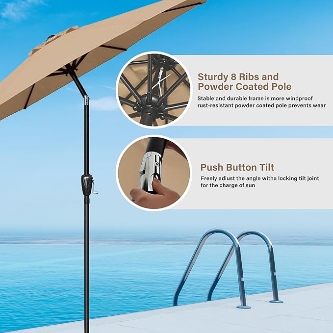 HealSmart 9' Patio Table Umbrella with Button Tilt, 8 Sturdy Ribs, 50lbs Base Stand Included, for Garden, Backyard, Deck, Pool, Tan