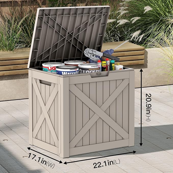 Mars Villa 31 Gallon Barn Style Deck Box, Outdoor Storage Box Waterproof, Lockable Lid, Weatherproof and UV Resistant Resin Storage Bin for Patio Furniture Cushion, Pool Supply, Garden Tool, Grey