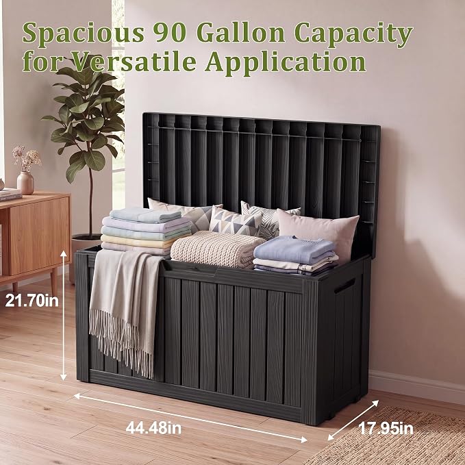90 Gallon Deck Box Outdoor Storage Box Waterproof & Resin For Patio Furniture,Outdoor Cushions,Garden Tools and Pool Supplies Black