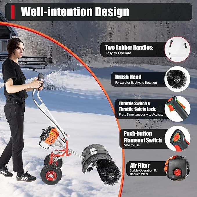 Gasoline Power Sweeper, 52CC 2-Stroke Double Handle Gas Powered Walk Snow Plow with Nylon Brush Sweeping Broom Hand Held Driveway Turf Cleaning for Artificial Grass Power Brush Lawn