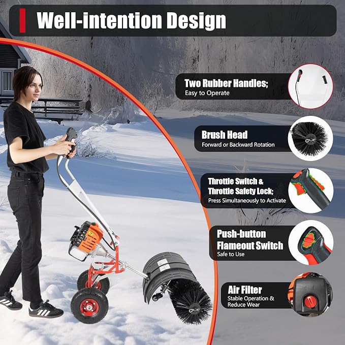 2 Stroke 2.5HP Gasoline Sweeper, Gas Power Broom Hand Held Snow Sweeper Machine Cleaning Brush Machine for Artificial Turf Park Garden Driveway