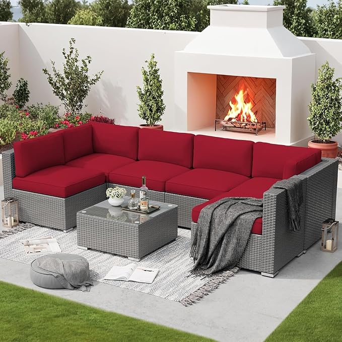 SUNCROWN 7-Piece Patio Furniture Set with Coffee Table and Soft Cushions, Outdoor Sectional Sofa Grey Wicker Conversation Sofa Set, Red