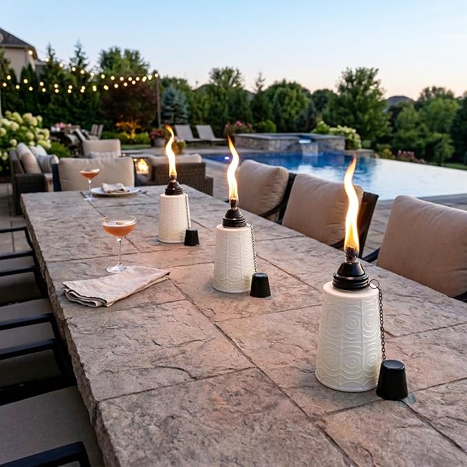 Seraphic Citronella Table Top Torches for Outdoor Patio, 16oz Decorative Glass Torch Citronella Candles for Outside Deck, Garden, Parties, Set of 3, White