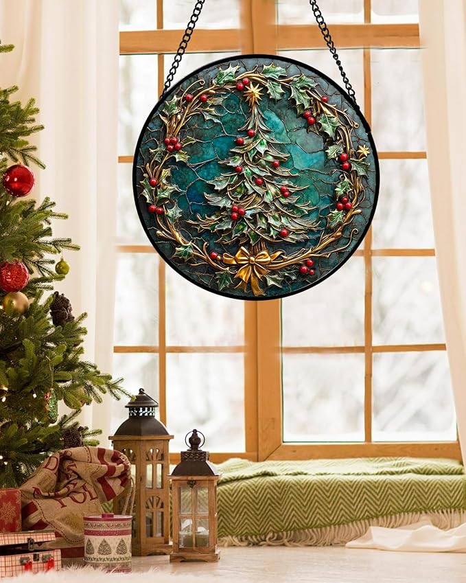 DASTOLL Stained Glass Window Hangings - Red Gold Green Wreath Suncatcher for Door Home Christmas Tree Decoration Sun Catcher Thanksgiving New Year Birthday Gift for Women Men Mom Grandma 6.3 in