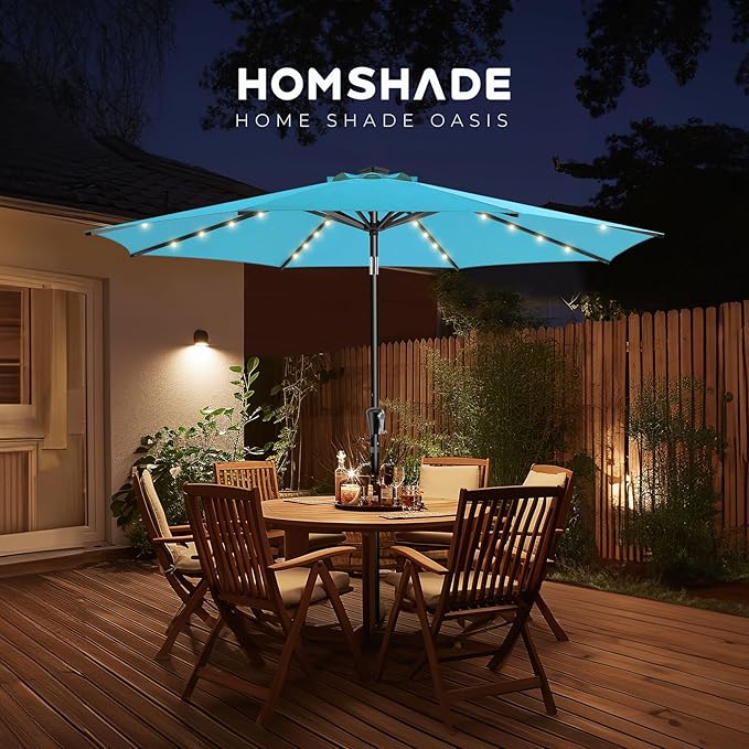 HOMSHADE 9ft Solar Patio Umbrella - Solar Lights LED Lighted Outdoor Market Table Umbrella, UPF50+ UV Protection with Push Button Tilt, Crank for Pool Deck and Garden (Light Blue)