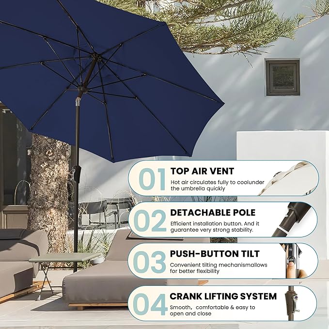 9FT Large Outdoor Patio Umbrella Market Table Umbrella-UV Resistant, Easy Push Button Tilt and Crank, 8 Sturdy Ribs Heavy-Duty Pool Umbrella for Deck,Blue