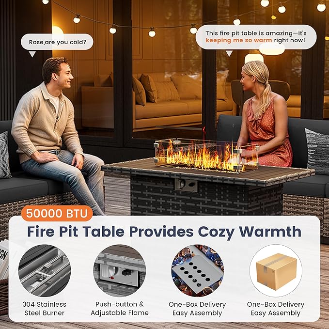 UDPATIO Patio Sectional Sofa with Fire Pit Table, 8 Inch Armrest 7-Piece Wicker Conversation with Waterproof Cover for Backyard Deck, Grey/Black