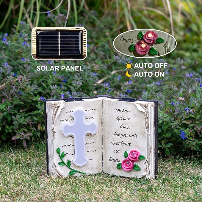 Candieslife Outdoor Solar Memorial Cross Stakes Lights, Waterproof Book Statue Grave Decorations Sympathy Gifts for Cemetery Garden Lawn Yard Patio Home Decor