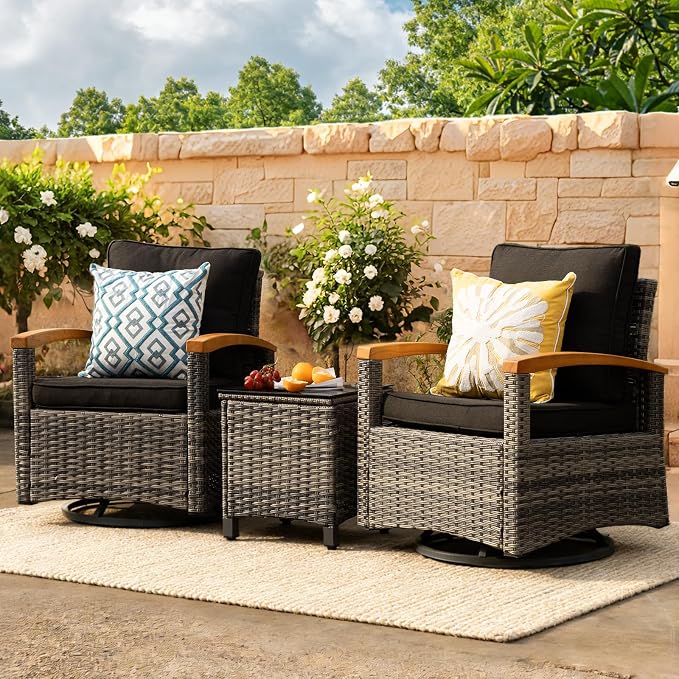 MEISSALIVVE 3 Piece Outdoor Swivel Rocking Chairs, Patio Furniture Bistro Set with 360° Wood Armrests Swivel Glide Chairs and Side Table for Deck Yard and Poolside (Black)