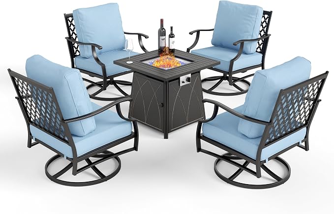 MIXPATIO Patio Furniture Set with Fire Pit Table, 5 Pcs Metal Outdoor Conversation Set, 4 Swivel Chairs with 5.75" Extra Thick Cushion and 28" Fire Pit Table for Backyard Deck, Blue