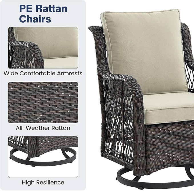 GarveeHome 3 Piece Outdoor Patio Set, Wicker Rocking Bistro Set with 2 Swivel Chairs & Tempered Glass Top Table, Rattan Outdoor Furniture with Cushions for Patio Porch Backyard