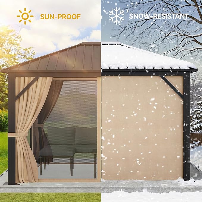 YITAHOME 10X12FT Hardtop Metal Gazebo Single Top Outdoor Patio Canopy Galvanized Iron Aluminum Column Garden Tent Curtains Netting for Backyards Decks Lawns,Brown