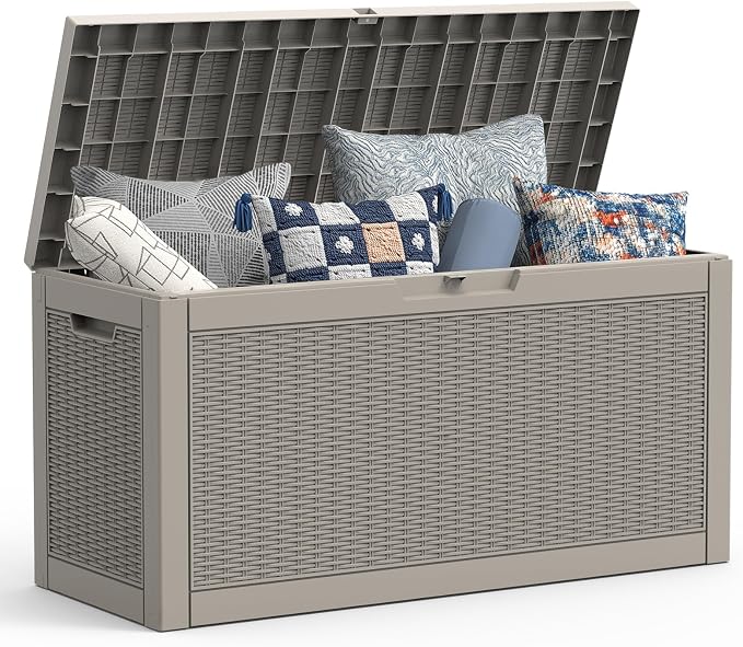 Mars Villa 60 Gallon Deck Box, Outdoor Storage Box Waterproof, Outside Resin Storage Bin for Outdoor Patio Furniture Cushion, Pool Supply, Garden Tool, UV-Resistant and Weatherproof, Rattan Greige