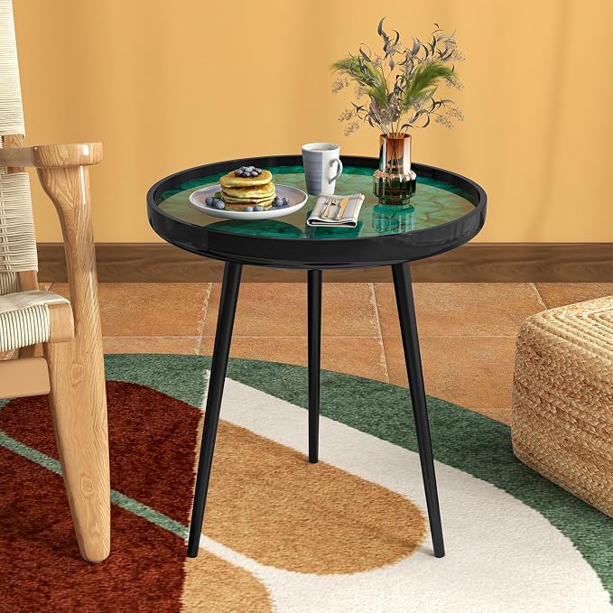 Giantex Outdoor Side Table, Round End Table with Epoxy Resin Finish, Sea Shell Decoration, Mahogany Wood Frame, Tray Top, Patio Side Table for Living Room, Pool, Yard, Porch (Green, 20” x 20” x 21.5”)