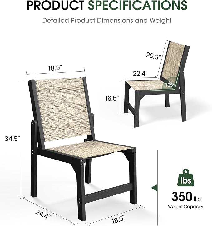 Patio Stackable Chair, HDPE Armless Outdoor Dining Chairs with Wide Seat, All-Weather Textilene Oversized Porch Chair for Garden, Poolside, Backyard, Deck | Black