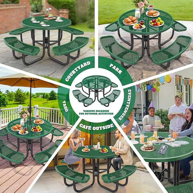 Ceridwen Heavy Duty Picnic Table with 4 Benches, Expanded Metal Steel Mesh Outdoor Patio Dining Table Bench Set with Umbrella Hole,Outdoor Patio Dining Table for Garden (Round, Green, 46FT)