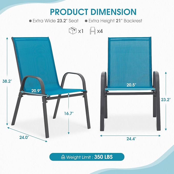 24.4" Wide Outdoor Stackable Chairs Set of 8, Stacking Patio Chairs with Textilene Fabric, Outside Furniture for Garden Backyard Balconie Poolside Deck, Blue