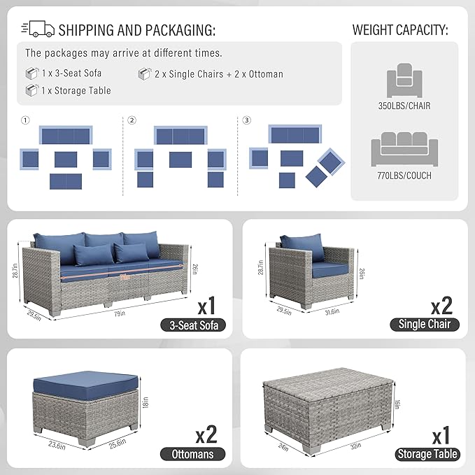 WAROOM Patio Furniture Set 6 Piece PE Rattan Outdoor Conversation Sets Grey Wicker Couch Sectional Sofa with Storage Coffee Table and Navy Blue Cushion