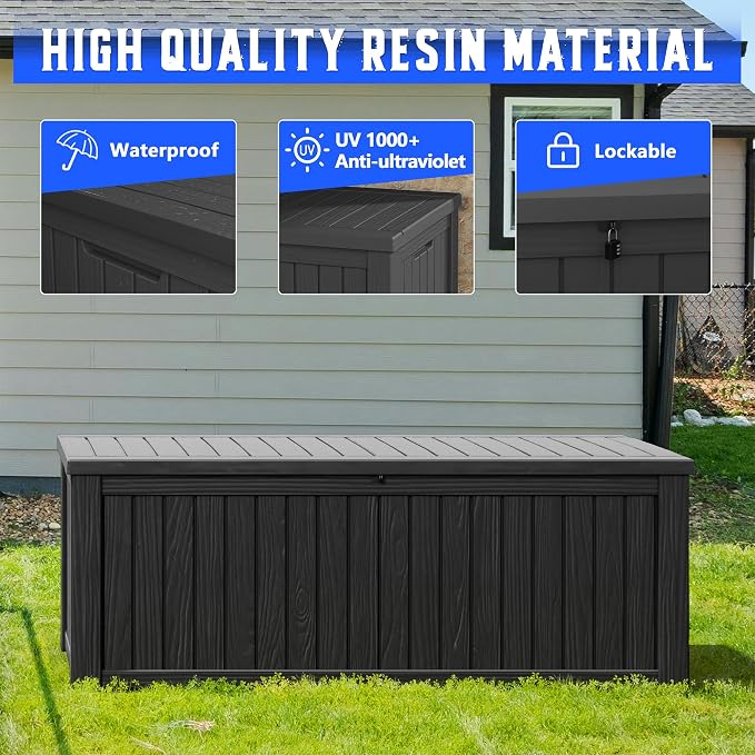 Fancyango 200 Gallon Outdoor Deck Box Waterproof, Large Storage Box for Patio, Resin Storage Bench Lockable for Garden Tools, Package Delivery, Black