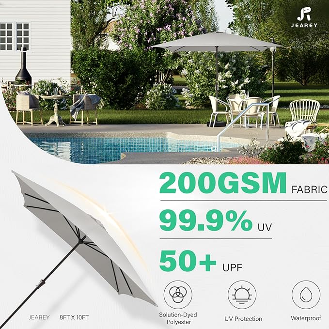 JEAREY 8x10 ft Rectangular Patio Umbrellas Outdoor Table Market Umbrella w/Crank, 8 Sturdy Ribs, UV Protection Windproof Sunproof for Garden, Deck, Backyard, Pool(Foggy Gray)