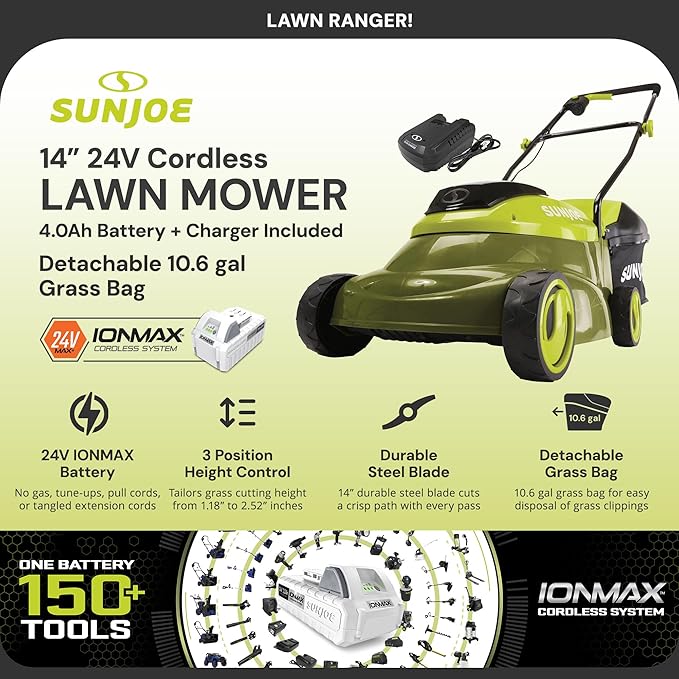 Sun Joe Walk-Behind Cordless Push Lawn Mower with 14-Inch Cutting Width, Brushless Motor, Rechargeable 4 Amp Battery and Charger, Green, 24V-MJ14C