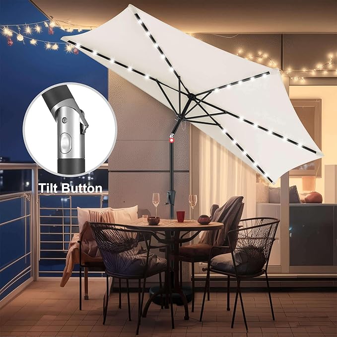 9FT Solar Half Umbrellas Outdoor - LED Half Patio Umbrella with 25 Lights, UV Protection Waterproof, Half Round Umbrella for Wall Balcony, Pool, Porch, Garden, Deck, Backyard, Ivory