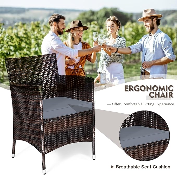 DORTALA 3 Piece PE Rattan Patio Furniture Set, Outdoor Chairs & Table Set with Tempered Glass Top & Cushions, Wicker Conversation Set for Garden Backyard, Grey