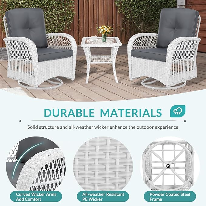 MEETWARM 5 Pieces Outdoor Patio Rattan Furniture Sets, All Weather Patio Wicker Conversation Set - 2 Rocking Swivel Chairs 1 Rattan Loveseat Glider with Cushions, 2 Coffee Table, White Wicker/Grey