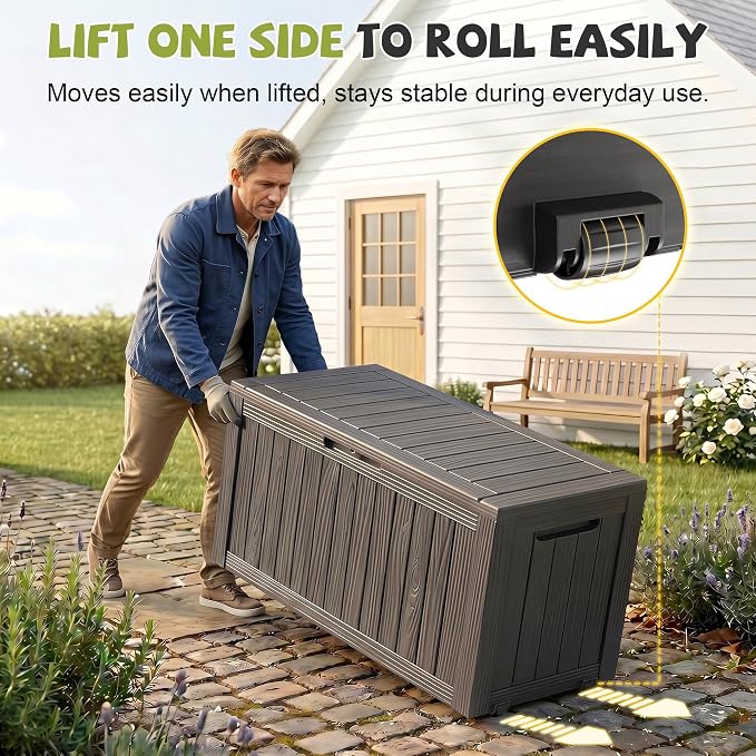 Outdoor Waterproof Resin Storage Deck Box Lockable Outside Bench UV Resistant Bin Patio Porch Furniture Pool Float Garden Tool Cushion (Black, 85 Gallon)