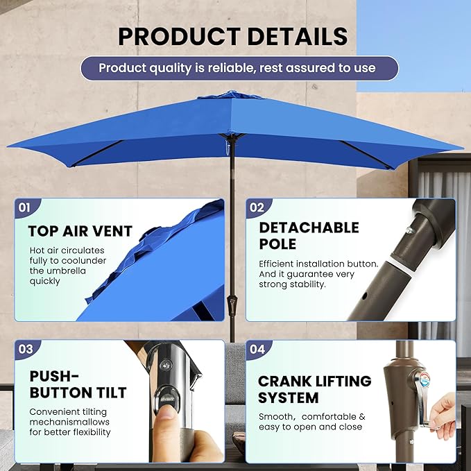 Ayge 6.5x10FT Rectangular Patio Umbrella Outdoor Table Umbrella w/Push Button Tilt & Crank Rectangle Market Umbrella UV Protection for Garden,Deck,Lawn,Yard & Pool,Blue