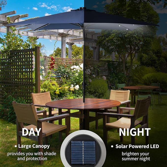 Outsunny 9' x 7' Solar Umbrella, LED Lighted Patio Umbrella for Table or Base with Tilt & Crank, Outdoor Umbrella for Garden, Deck, Backyard, Pool, Beach