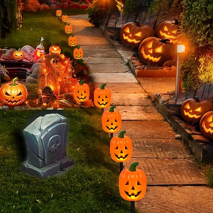 BRIGHTDECK Halloween Pumpkin Stake Lights, Set of 10 Decorative Solar Pumpkin Lights, Waterproof Halloween Decorations for Outdoor Garden and Yard