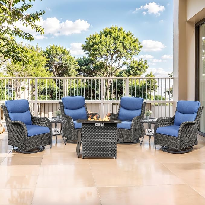 Outdoor Swivel Rocker Patio Chairs Set of 4 with Fire Table - 5" Thick Cushion 6 Piece Furniture Set with Fire Pit Table All Weather Wicker Conversation Set for Porch Deck - Gray/Blue