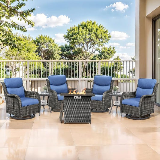 Outdoor Swivel Rocker Patio Chairs Set of 4 with Fire Table - 5" Thick Cushion 6 Piece Furniture Set with Fire Pit Table All Weather Wicker Conversation Set for Porch Deck - Gray/Blue
