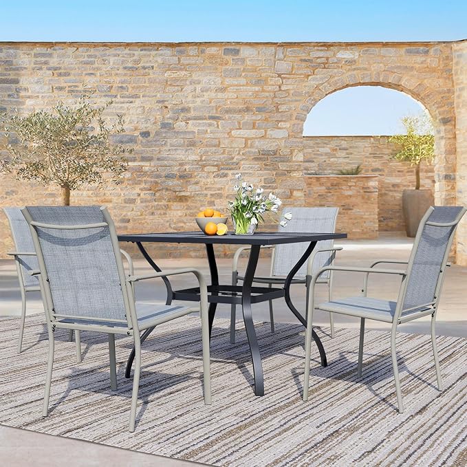 5 Piece Outdoor Dining Set, Patio Table and Chairs Set of 4, 37.5" Black Square Patio Table with 4 Beige Blue Stackable Patio Chairs for Lawn, Garden, Porch