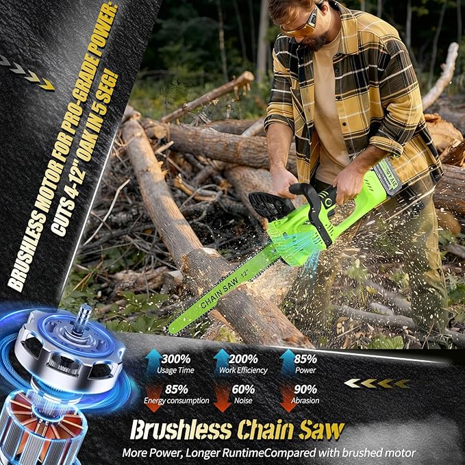 12" Electric Chainsaw Cordless, 21V Battery Chainsaw 2 x 4.0AH Battery, power chain saws with 2xChains & Guide Plate, Handheld Electric Power Chain Saw w Auto Oiling for Wood Cutting Trimming Branch