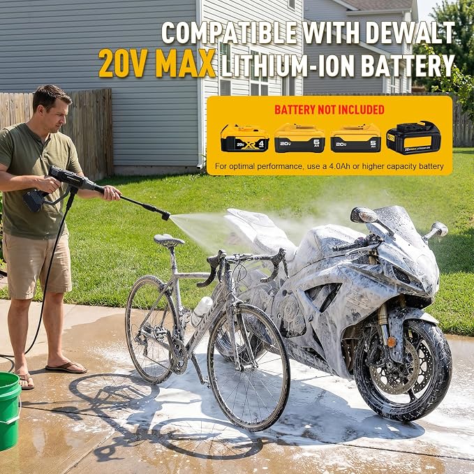 Cordless Portable Washer Compatible with Dewalt 20V MAX Battery (Tool Only) | 2.2 lbs Ultra-Lightweight, 16.4FT Hose, 6-in-1 Nozzle, Ideal for Car, Patio & Fence