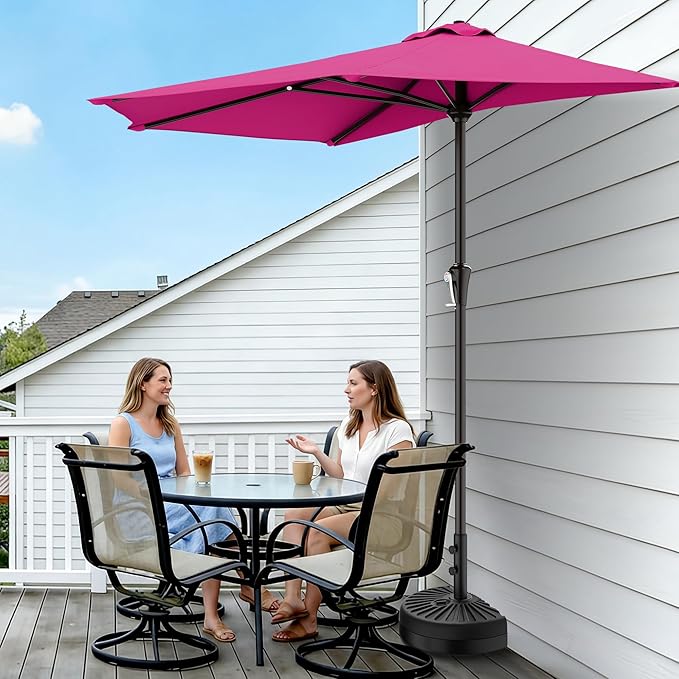 AreShark 9FT Half Patio Umbrella, Outdoor Wall Umbrella with Crank & 5 Sturdy Ribs, Table 1/2 Umbrella Patio for Garden, Deck, Balcony and Pool, Rose Pink