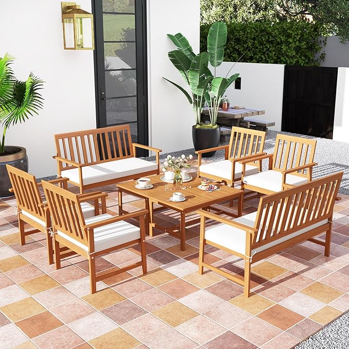 Tangkula 8-Piece Acacia Wood Patio Conversation Set, Outdoor Furniture Set with 2 Armchairs, Loveseat, Coffee Table, Soft Cushions, Slatted Sofa and Chairs Set for Deck, Backyard (Off White,2)