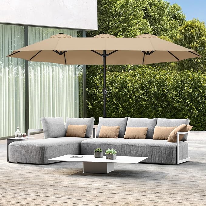 ABCCANOPY 15FT Patio Umbrella with Base, Outdoor Double-Sided Rectangle Umbrella Bonus Latch, Wights for Poolside, Lawn, Backyard (Khaki)