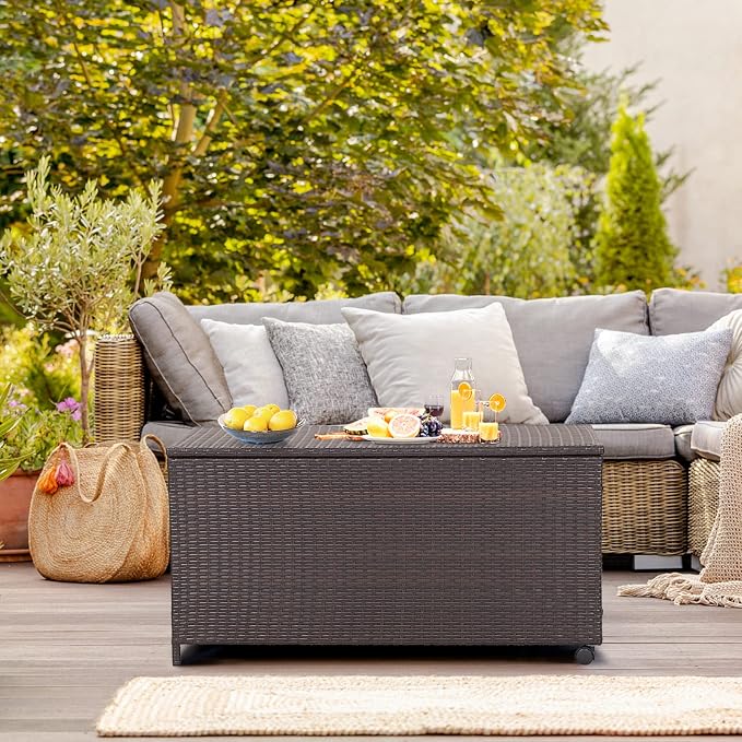 50 Gallon Deck Box, PE Wicker Storage Box with Lid, Water-resistant Liner & Universal Wheels, Outdoor Storage Container for Pillows, Cushions, Garden Tools (Mix Brown)