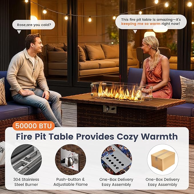 UDPATIO Patio Sectional Sofa with Fire Pit Table, 8 Inch Armrest 7-Piece Wicker Conversation with Waterproof Cover for Backyard Deck, Brown/Navy Blue