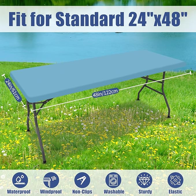 Moosfor Spandex 4 Foot Rectangle Table Cloth 2 Pack, Elastic Fitted Tablecloths for Picnic, Stretch Washable Patio Table Cover for Outdoor, Camping, Banquet and Parties (Blue Mist, 24"x48")