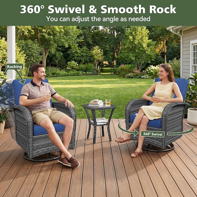 Aoxun 13 Piece Outdoor Patio Furniture Set with 44'' Fire Pit Table, Wicker Rattan Outdoor Furniture with High Back Swivel Rocker Chairs, Outdoor Sofa Set with Thick Cushion & Ottoman, Navy Blue