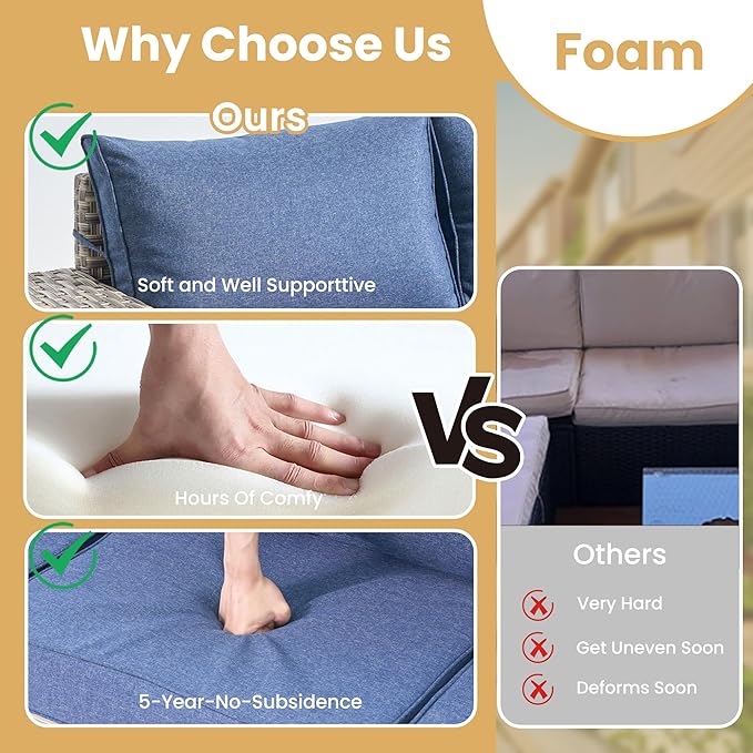 HOOOWOOO Outdoor Sectional Furniture Set,4 Pieces Wicker Patio Conversation Sets,L Shape All Weather Outside Couch Sofa with Ottoman,Denim Blue