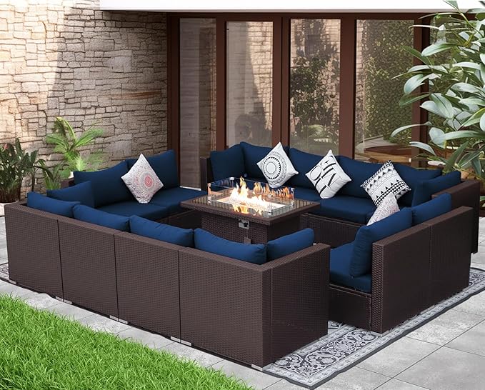 NICESOUL 13 Piece Patio Furniture w/Fireplace, Elegant Outdoor Seating w/Firepit, XL 29.3'' High Back Sectional Sofa, All-Weather Rattan Deck Couch, Modular Sturdy Conversation Set, Brown & Blue