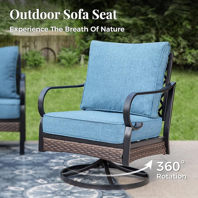 Patio Furniture Set with Fire Pit Table, 4 PCS Metal Outdoor Conversation Set with 5.75'' Extra Thick Cushion, 2 Swivel Chairs, 3-Seat Sofa and Gas Fire Pit Table, Navy Blue