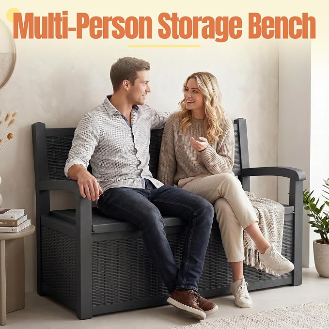 Storage Bench Outdoor Deck Box,100 Gallon Waterproof & UV Resistant Lockable Patio Furniture Seating.Indoor/Outdoor Shoe Storage Cabinet for Garden Cushions,Tools,Patio,Pool Supplies(Black)